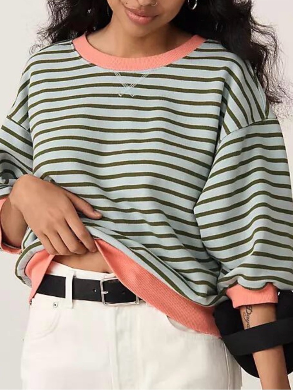 Pilcro Mint & Coral Striped Crewneck Sweatshirt